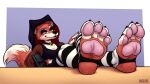  2021 4_toes anthro canid canine claws clothed clothing digital_media_(artwork) eyebrows eyelashes facial_piercing feet female foot_focus fox hi_res legwear lip_piercing mammal pattern_clothing pattern_legwear piercing silverscarf simple_background solo striped_clothing striped_legwear stripes toe_claws toes 