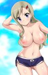  1girl absurdres achmad_faisal blonde_hair blue_eyes blue_sky breasts eden&#039;s_zero hair_ornament highres jewelry large_breasts navel nipples nude rebecca_bluegarden shorts sky 