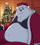  2021 anthro belly black_body black_fur black_nose blush bottomwear christmas christmas_clothing christmas_headwear christmas_tree clothing fur giant_panda hat headgear headwear hi_res holidays inside male mammal moobs navel nipples overweight overweight_male pants plant real santa_claus santa_hat solo sr_panda_86 tree ursid white_body white_fur 