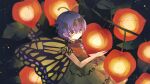  1girl antennae aqua_hair butterfly_wings chinese_lantern_(plant) dress eternity_larva eyebrows_visible_through_hair fairy food fruit green_dress hair_between_eyes highres katsuragi_atori leaf leaf_on_head multicolored_clothes multicolored_dress parted_lips short_hair short_sleeves single_strap solo touhou wings yellow_eyes 