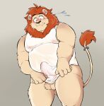  2021 absurd_res anthro balls belly blush bulge clothed clothing cute_fangs erection erection_under_clothing felid genital_outline genitals ginnosuke hi_res hiding_erection humanoid_hands kemono lion male mammal moobs overweight overweight_male pantherine penis_outline simple_background solo 