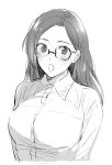  1girl black_eyes black_hair blouse blush breasts glasses greyscale highres large_breasts long_hair looking_at_viewer meeko monochrome open_mouth original simple_background smile solo white_background 