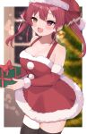  1girl absurdres bare_shoulders black_legwear blurry blurry_background blush breasts christmas christmas_tree cleavage collarbone cowboy_shot detached_sleeves dress eyebrows_behind_hair fang fur_trim gift hair_between_eyes hat heterochromia highres holding holding_gift hololive houshou_marine indoors large_breasts lens_flare long_hair looking_at_viewer open_mouth outside_border red_dress red_eyes red_hair santa_costume santa_hat short_dress skin_fang smile solo thighhighs ute_(perouthi) virtual_youtuber yellow_eyes zettai_ryouiki 