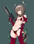 1girl bikini breasts brown_eyes brown_hair cowboy_shot crossbow elbow_gloves fake_horns gloves grey_background headgear highres horned_headwear horns kantai_collection red_bikini red_gloves red_legwear simple_background small_breasts solo standing swimsuit taihou_(kancolle) thighhighs tsukira_(amayadori) 