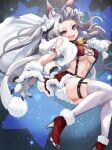  1girl absurdres animal_ear_fluff animal_ears animal_hands azur_lane bell boots bow braid breasts capelet christmas cleavage commentary dog_ears dog_tail fang forehead fur-trimmed_footwear gloves grey_hair hair_bow high_heel_boots high_heels highres holding holding_sack large_breasts long_hair looking_at_viewer navel neck_bell open_mouth paw_gloves red_eyes red_footwear red_skirt sack scarf single_braid skin_fang skirt smile sock_garters solo stomach suspender_skirt suspenders tail thick_eyebrows thigh_strap thighhighs two_side_up white_bow white_legwear white_scarf ymmt159208 yuudachi_(azur_lane) yuudachi_(woofy_floofy_christmas_night)_(azur_lane) 