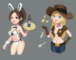  2girls abeen_jhong animal_ears bikini black_hair blonde_hair blue_eyes bottle breasts brown_gloves coin cowboy_hat glass gloves hat highres large_breasts long_hair looking_at_viewer money multiple_girls original ponytail rabbit_ears red_eyes smile swimsuit very_long_hair white_bikini 