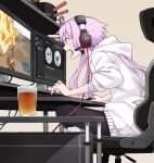  1girl ahoge animal_ears animal_hood black_legwear bunny_hood cable chair computer computer_tower discord explosion from_side gaming_chair glass hair_tie headgear headphones highres hood hoodie indian_style indoors keyboard_(computer) monitor mouse_(computer) nandemo_iu_koto_wo_kiite_kureru_akane-chan_(voiceroid) open_mouth playing_games purple_eyes purple_hair rabbit_ears short_hair_with_long_locks sidelocks sitting smile socks solo sunglasses sweat toromera touhoku_kiritan v-shaped_eyebrows vocaloid voiceroid white_hoodie yuzuki_yukari 