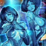  ! 1girl artist_name banned_artist blue_eyes blue_hair blue_skin breasts collarbone colored_skin commentary cortana english_commentary halo_(series) highres hologram lips looking_at_viewer medium_breasts multiple_views nose parted_lips reiq short_hair teeth upper_body watermark 