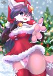  absurd_res anthro bottomless breasts canid canine christmas christmas_clothing christmas_headwear clothed clothing female fox freya_(sarox) genitals hair hat headgear headwear hi_res holidays long_hair looking_at_viewer mammal no_underwear open_mouth partially_clothed pussy santa_hat sarox smile snowflake solo standing 