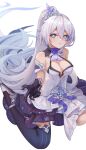  1girl absurdres asymmetrical_legwear bangs bare_shoulders black_gloves black_legwear blue_eyes breasts cleavage crown dress earrings gloves high_heels highres honkai_(series) honkai_impact_3rd jewelry kiana_kaslana kiana_kaslana_(herrscher_of_flamescion) long_hair looking_at_viewer mismatched_legwear on_floor open_mouth ponytail simple_background sitting sleeveless sleeveless_dress solo teeth very_long_hair white_background white_dress white_footwear white_hair yelan_xing_xuan 