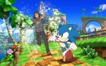  2boys animal_ears animal_nose black_hair blue_fur blue_hair blue_sky closed_mouth cloud day flower furry furry_male glasses gloves grass green_hill_zone isekai_ojisan long_hair male_focus multiple_boys official_art outdoors running shibazaki_yousuke sky smile sonic_(series) sonic_generations sonic_the_hedgehog sparkle tree water waterfall white_gloves 