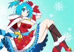  1girl android bangs blue_eyes blue_hair breasts christmas dress eyebrows_visible_through_hair headphones kaidou_zx large_breasts looking_at_viewer mega_man_(series) mega_man_x_(series) mega_man_x_dive official_alternate_costume red_dress rico_(mega_man) santa_dress side_ponytail smile solo 