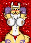  absurd_res anthro bandai_namco big_breasts big_butt bikini_thong black_sclera blue_eyes bodily_fluids breasts butt canid canine christmas christmas_clothing christmas_headwear clothed clothing dalilallana100 digimon digimon_(species) female fox fur genitals hat headgear headwear hi_res holidays mammal nipples nude pussy renamon santa_hat simple_background smile solo swimwear white_body white_fur yellow_body yellow_fur 