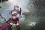  1girl abeen_jhong arrow_(projectile) black_legwear bow_(weapon) breasts dated large_breasts long_hair navel original photoshop_(medium) purple_eyes silver_hair solo thighhighs very_long_hair weapon 