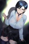  1girl black_hair breasts brown_eyes bulge choker cleavage cowboy_shot eyebrows_visible_through_hair futanari glasses hair_between_eyes large_breasts long_sleeves looking_at_viewer medium_hair open_mouth original panties skirt solo teoshiguruma thighhighs tongue underwear 