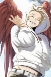  absurdres barururunru belt blonde_hair boku_no_hero_academia bracelet earrings eyeliner facial_hair feathered_wings hawks_(boku_no_hero_academia) highres hip_bones hood hoodie jewelry looking_at_viewer looking_down makeup male_focus midriff_peek red_feathers smile stud_earrings sunlight teeth v wings 