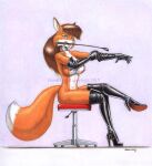  anthro armwear baron_engel big_breasts breasts canid canine clothing collar elbow_gloves female fox gloves handwear legwear mammal mostly_nude object_in_mouth riding_crop rubber simple_background solo swivel_chair thigh_highs traditional_media_(artwork) whip 