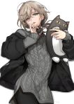  1boy absurdres black_jacket brown_hair dog_tags ear_piercing earrings finger_to_mouth green_eyes grey_sweater hair_between_eyes highres holding holding_stuffed_toy jacket jewelry kanae_(nijisanji) light_brown_hair long_hair male_focus mole mole_under_eye necklace nijisanji piercing roto_(kanae) signature simple_background sleeves_past_wrists solo stuffed_animal stuffed_cat stuffed_toy sweater tcb teeth turtleneck upper_teeth virtual_youtuber white_background 