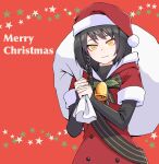  1girl bell black_shirt braid brown_hair caws_(120_winter_gifts)_(girls&#039;_frontline) caws_(girls&#039;_frontline) christmas coat commentary_request eyebrows_visible_through_hair girls&#039;_frontline hat highres holding holding_sack long_hair long_sleeves looking_at_viewer official_alternate_costume red_background red_coat sack santa_costume santa_hat shirt side_braid smile solo star_(symbol) upper_body yellow_eyes zukzuk13 