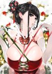  1girl bangs bare_shoulders black_hair breasts christmas christmas_tree cleavage detached_collar earrings elbow_gloves gloves hair_bun hair_ornament highres houden_eizou huge_breasts jewelry open_mouth original ribbon short_hair solo tied_hair 