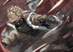  absurdres barururunru blonde_hair bodysuit boku_no_hero_academia costume debris earrings eyeliner facial_hair feathered_wings flying focused fur-trimmed_jacket fur_trim hawks_(boku_no_hero_academia) highres jacket jewelry makeup messy_hair red_feathers rimless_eyewear scar scar_on_neck stud_earrings wings 