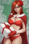  1girl bangs bikini body_markings breasts cape christmas cleavage dota_(series) dota_2 ear_piercing earrings flower gift gloves green_eyes hair_flower hair_ornament highres jewelry large_breasts legs_apart lips looking_at_viewer navel parted_bangs piercing red_gloves red_hair santa_bikini santa_costume santa_gloves sciamano240 smile solo swimsuit tattoo thighs windranger_(dota) 