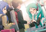  2boys 2girls =_= aqua_hair backpack bag bangs blue_hair blush closed_eyes commentary convention cosplay detached_sleeves eyebrows_visible_through_hair flying_sweatdrops grey_jacket grey_shirt hair_ornament hatsune_miku hatsune_miku_(cosplay) headphones hiiragi_kagami hotaru_iori ichimi_renge izumi_konata jacket lineup long_hair long_sleeves lucky_star manga_(object) multiple_boys multiple_girls necktie parted_lips pornography shirt star_(symbol) sweat table track_jacket twintails very_long_hair vocaloid yellow_jacket 