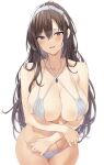  1girl bare_shoulders bikini blush breasts brown_hair character_request cleavage collarbone copyright_request hair_between_eyes hairband hiiragi_yuuichi jewelry large_breasts long_hair looking_at_viewer necklace purple_eyes simple_background solo swimsuit white_background 