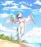  anthro baron_engel beach beverage breasts cleavage clothed clothing cloudscape container cup equid equine female friendship_is_magic hi_res horn jewelry looking_away mammal mountain my_little_pony necklace princess_celestia_(mlp) seaside sky solo swimwear walking winged_unicorn wings 