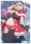  anthro antlers bell blush breasts capreoline cervid christmas christmas_clothing clothed clothing female fingers fur gift hair hi_res holidays horn kemono mammal red_eyes reindeer shaded shian smile 