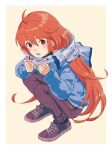  1girl border breathing_on_hands brown_hair celeste_(video_game) fuwamoko_momen_toufu highres long_hair looking_at_viewer madeline_(celeste) orange_hair pants puffy_coat scarf shoes solo squatting white_border 