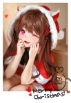  1girl :3 ;d black_bow black_bowtie bow bowtie brown_hair feet_out_of_frame fur_trim hands_on_own_cheeks hands_on_own_face heart heart-shaped_pupils highres hood llttyyyuu long_hair looking_at_viewer merry_christmas one_eye_closed original purple_eyes santa_dress sitting smile solo symbol-shaped_pupils 