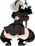 1girl absurdres ass back back_cutout black_blindfold black_dress black_gloves black_hairband blindfold boots breasts clothing_cutout covered_eyes dress feather-trimmed_sleeves gloves hairband high_heel_boots high_heels highleg highres j.h. juliet_sleeves katana large_breasts long_sleeves nier_(series) nier_automata puffy_sleeves short_dress short_hair silver_hair simple_background solo squatting sword thigh_boots thighhighs thighs weapon wedgie white_background white_hair yorha_no._2_type_b 