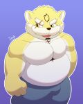  absurd_res anthro belly biceps canid canine canis domestic_dog eyebrows facial_hair fur hi_res imbroglio_24 lifewonders live-a-hero male mammal musclegut muscular_arms mustache pecs procy scar shirtless short_stack solo thick_eyebrows video_games yellow_body yellow_eyes yellow_fur 