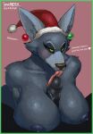  anthro big_breasts black_penis black_sclera blue_nipples border breast_play breasts canid canine canis christmas clothing ear_piercing female genitals green_eyes headgear headwear holidays kobalt_(soulharvest) licking male male/female mammal nipples oral penile penis penis_lick piercing seductive sex simple_background soulharvest text titfuck tongue tongue_out wolf 