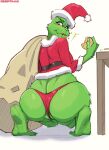  2021 big_butt butt christmas christmas_clothing christmas_headwear clothing cookie crossgender desertkaiju dr._seuss female food fur genitals green_body green_fur grinch hat headgear headwear hi_res holidays how_the_grinch_stole_christmas! huge_butt humanoid kneeling looking_at_viewer looking_back mtf_crossgender pussy pussy_floss rear_view red_eyes santa_hat simple_background solo white_background yellow_sclera 