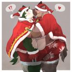  &lt;3 ?! absurd_res anthro belly blush bottomwear brown_body brown_fur bulge canid canine canis christmas christmas_clothing christmas_headwear clothing domestic_dog dumdum duo embrace fur green_body green_fur hat headgear headwear hi_res holidays hug kissing lifewonders live-a-hero male male/male mammal mokdai musclegut muscular_arms overweight santa_hat scar shorts tokyo_afterschool_summoners video_games yasuyori 