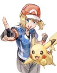  1girl blue_eyes brown_hair clenched_hand fingerless_gloves gloves hat looking_at_viewer open_mouth pikachu pointing pointing_at_viewer pokemon pokemon_(anime) pokemon_(creature) pokemon_xy_(anime) rapi_(jksaiu) serena_(pokemon) short_hair simple_background smile white_background 
