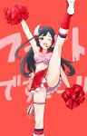  1girl absurdres black_hair blue_eyes boots bow breasts buruma cheerleader crop_top feet_out_of_frame flower hair_flower hair_ornament highres kicking kneehighs leg_up long_hair looking_at_viewer love_live! love_live!_nijigasaki_high_school_idol_club medium_breasts midriff navel one_eye_closed open_mouth pleated_skirt pom_pom_(cheerleading) red_background ribbon simple_background skirt smile solo takaramonozu tatsumi432 thigh_ribbon yuuki_setsuna_(love_live!) 