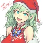  ! !! 1girl alternate_costume bare_shoulders blue_eyes bow bowtie breasts byleth_(fire_emblem) byleth_(fire_emblem)_(female) christmas commentary earrings english_commentary english_text enlightened_byleth_(female) fire_emblem fire_emblem:_three_houses gofelem green_hair hair_between_eyes hat highres jewelry looking_at_viewer merry_christmas open_mouth santa_hat simple_background solo teeth tongue upper_body white_background 