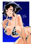  1girl :p absurdres adjusting_clothes adjusting_swimsuit animal_print artist_name bangs bikini black_hair blue_background border braid breasts brown_eyes cleavage closed_mouth commentary cow_print dated girls_und_panzer gradient gradient_background half-closed_eyes halterneck highres huge_breasts leaning_forward licking_lips looking_at_viewer outline outside_border pepperoni_(girls_und_panzer) print_bikini shinkuukan_(tetsuo3) short_hair side_braid signature smile solo standing swimsuit tongue tongue_out white_bikini white_border white_outline 