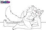  4_toes 5_fingers anthro athletic aukoc barefoot big_tail blaki_raiper blush butt canid canine canis claws coyote digital_media_(artwork) duo eyes_closed feet fingers fox hand_on_chest hand_on_shoulder hi_res hybrid lying male male/male mammal monochrome muscular nude on_lap paws romantic romantic_couple sketch toes wolf 
