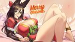  1girl animal_ears barefoot black_hair blue_eyes breasts christmas cleavage feet fox_ears fox_girl ja_mong large_breasts leaning_back looking_at_viewer merry_christmas original ribbon santa_costume thick_thighs thighs 