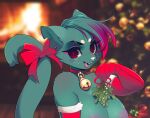  absurd_res anthro areola bell bell_collar blue_body blue_fur blue_hair breasts christmas clothed clothing collar cropped domestic_cat felid feline felis female fur hair hi_res highlights_(coloring) holidays mae_borowski mammal night_in_the_woods purple_areola purple_highlights solo tsampikos video_games 