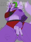  2021 anthro areola biped bodily_fluids bottomwear bottomwear_aside breasts canid canine canis claws clothing clothing_aside collar digital_media_(artwork) english_text female five_nights_at_freddy&#039;s five_nights_at_freddy&#039;s:_security_breach fur genital_fluids genitals green_claws green_hair grey_background hair hand_lick hi_res inverted_nipples low-angle_view lvlirror mammal multicolored_body multicolored_fur nipple_piercing nipples pants pants_aside piercing purple_areola purple_body purple_fur purple_hair purple_nipples pussy pussy_juice roxanne_wolf_(fnaf) saliva scottgames sharp_teeth simple_background solo spiked_collar spikes steam teeth text two_tone_body two_tone_fur video_games wolf yellow_eyes 