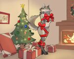  2021 anthro biped blep breasts canid canine canis christmas christmas_tree claws cleft_of_venus digital_media_(artwork) digitigrade eyes_closed female fireplace fur genitals gift gift_wrapped grey_body grey_fur hi_res holidays inside mammal multicolored_body multicolored_fur plant pussy schmutzo solo toe_claws tongue tongue_out tree two_tone_body two_tone_fur under_boob wolf 