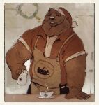  2021 anthro apron bernie_burr beverage black_nose brown_body brown_fur christmas christmas_clothing christmas_headwear clothing coffee eyes_closed fur hat headgear headwear hi_res holidays humanoid_hands male mammal mug santa_hat shirt slightly_chubby solo topwear ursid 