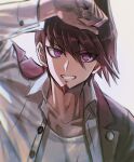  1boy arm_up bangs brown_hair buttons collarbone danganronpa_(series) danganronpa_v3:_killing_harmony facial_hair goatee grey_background grey_shirt grin highres jacket jacket_on_shoulders male_focus momota_kaito open_clothes open_shirt pink_jacket purple_eyes shirt short_hair simple_background smile spiked_hair visket53 white_shirt 