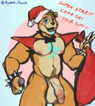  animatronic anthro ayden_feuer bag balls big_balls big_pecs big_penis blonde_hair blue_eyes bodily_fluids bodypaint bow_tie bracelet christmas christmas_clothing christmas_headwear clothing colored_nails five_nights_at_freddy&#039;s five_nights_at_freddy&#039;s:_security_breach genitals glamrock_freddy_(fnaf) hair hairy_balls hat headgear headwear hi_res holidays huge_balls huge_penis jewelry machine male mammal microphone musk nails pecs penis pubes robot santa_hat scottgames simple_background smile solo spiked_bracelet spikes sweat sweatdrop tattoo teeth teeth_showing ursid video_games 