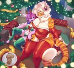  5_fingers anthro big_breasts blue_eyes blue_highlights breasts buxbi buxbi_(character) cervid christmas christmas_clothing christmas_tree chubby_anthro chubby_female cleavage clothed clothing cookie curvy_figure duo ear_piercing eyebrow_through_hair eyebrows felid female female/female fingers food fur furniture hair highlights_(coloring) holidays hooves huge_breasts industrial_piercing inside larger_female leg_grab legwear long_hair mammal multicolored_body multicolored_fur night orange_body orange_fur pantherine piercing pink_body pink_fur plant purple_hair sitting size_difference slightly_chubby smaller_female sofa stockings striped_body striped_fur stripes thick_thighs thigh_grab thigh_highs tiger translucent translucent_hair tree voluptuous white_body white_fur white_hair wide_hips yellow_eyes 